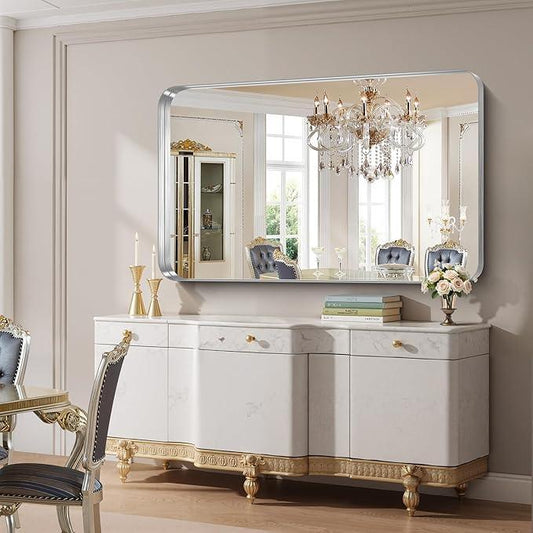 FORBATH 60x36 Inch Large Bathroom Mirror for Double Sinks, Brushed Silver Deep Frame Wall Mirror with Rounded Corners, Anti-Rust Tempered Glass for Modern Farmhouse Vanity (Horizontal/Vertical) - ModernBath