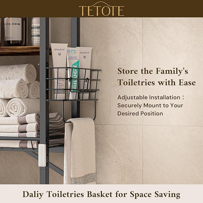 TETOTE Over Toilet Bathroom Organizer, 4-Tier Bathroom Over The Toilet Storage with Adjustable Shelf and Basket, Freestanding Space Saver Bathroom Shelves Above Toilet for Room(Brown) - ModernBath