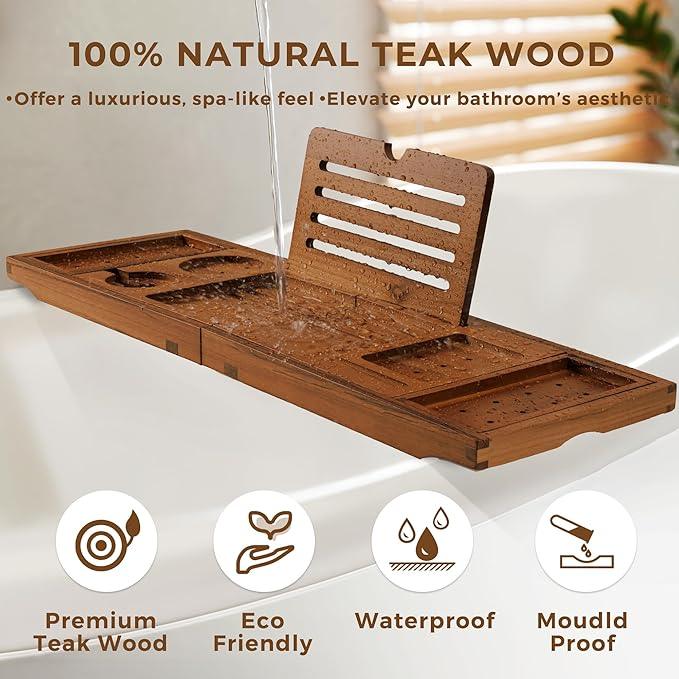 Teak Bathtub Tray, Luxury Bath Table Tray with Wine Glass and Phone Holders & Book Stand, Foldable Wooden Bathtub Caddy for Home Spa Relaxation, Bath Gift for Women（Natural Teak） - ModernBath