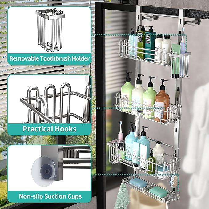 HapiRm Hanging Shower Caddy Organizer - Shower Shelf with 22 Hooks and 2 Toothbrush Holders, No Drilling Adjustable Hanging Bathroom Organizer - Silver - ModernBath