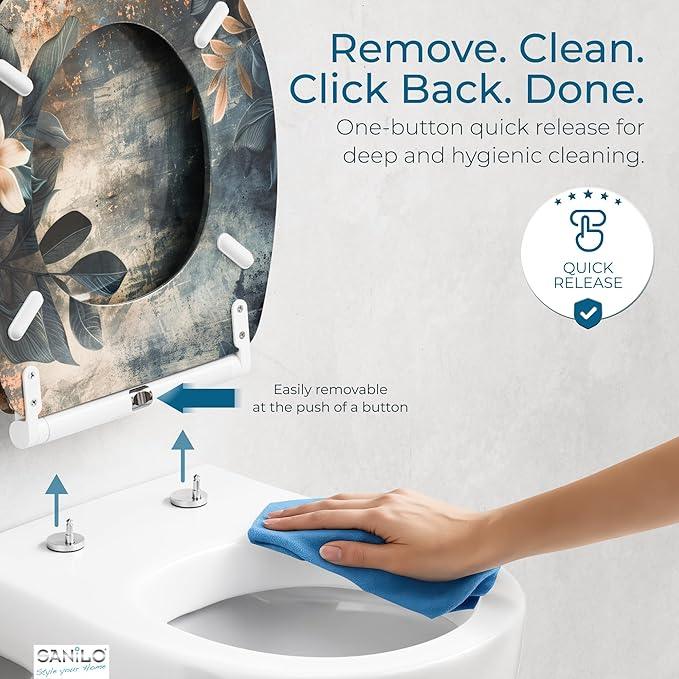 Sanilo Wooden Toilet Seat with Quick Release & Soft Close [ROUND] - Decorative & Slow Close Molded Wood Seat - With One Click for Easy Installation & Cleaning - With Adjustable Fit (Lilybud) - ModernBath