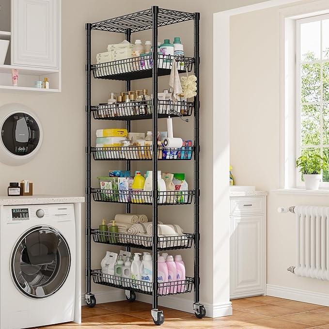 7 Tier Wire Shelving with Wheels 72" H Adjustable Basket Shelf Storage Shelves with Hooks for Kitchen Bathroom Pantry Shelves Closet Laundry Room Organization 72" H x 30" W x 14" D, Black - ModernBath