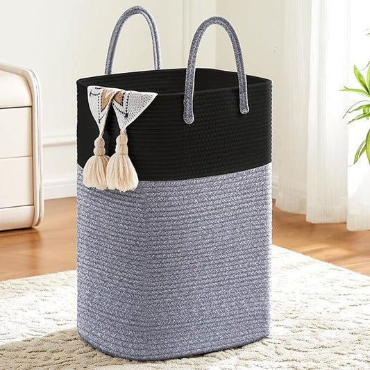 Laundry Basket,Woven Cotton Rope Laundry Hamper,Versatile Storage for Dirty Clothes,Baby Toys,and Blankets in Bathroom, Nursery,and Living Room (Black, 60L) - ModernBath