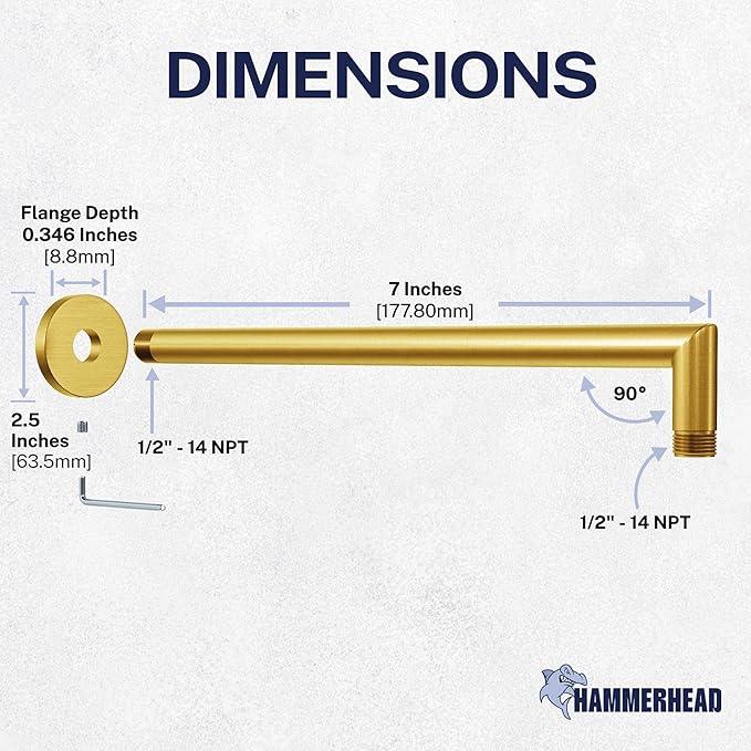 HammerHead Showers® Solid Metal 16 Inch Extended Shower Arm and Flange with Set Screw, Long Shower Arm, Extends Rain Shower Overhead, Wall-Mounted Rain Shower Arm, Brushed Gold - ModernBath