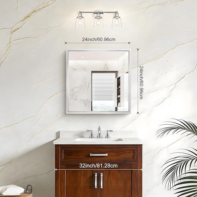 CIVENO 24 x 24 Silver Bathroom Mirror, Brushed Silver Square Mirror for Wall, 0.6" Thickened Deep Frame Mirrors for Bathroom Sink, Shatterproof Tempered Glass, Antirust, Horizontally or Vertically - ModernBath