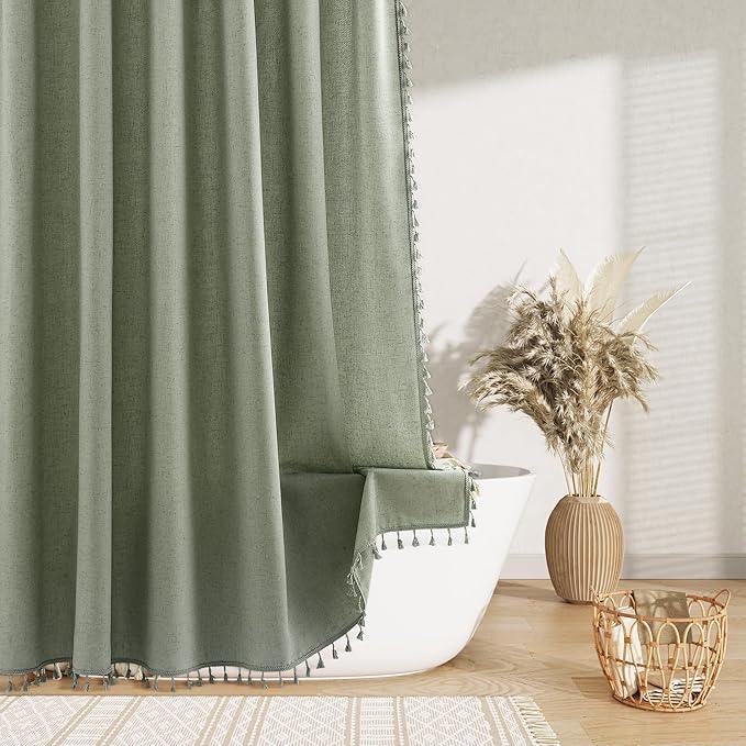 Nanspring Extra Long Sage Green Boho Linen Shower Curtain 84 Inches Length Chic Textured Weighted Tassel Fabric Shower Curtain Set with Hooks Modern Country Bath Curtain for Bathroom 72x84, Green - ModernBath