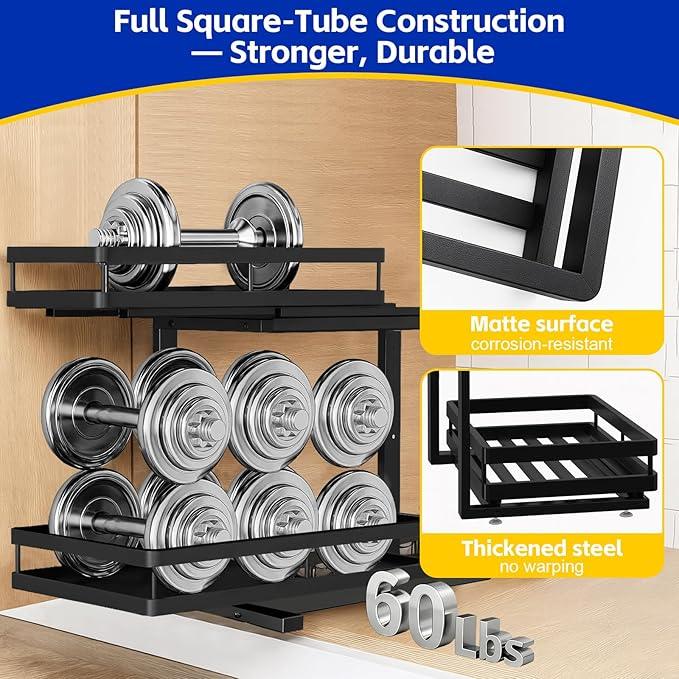 Under Sink Organizer, Dual-Rail Ball-Bearing, Under Kitchen Sink Organizer, 6-Level Adjustable, Under Cabinet Organizer, No-Drill Adhesive/Suction, Under Sink Storage (Matte Black, 2-Pack) - ModernBath