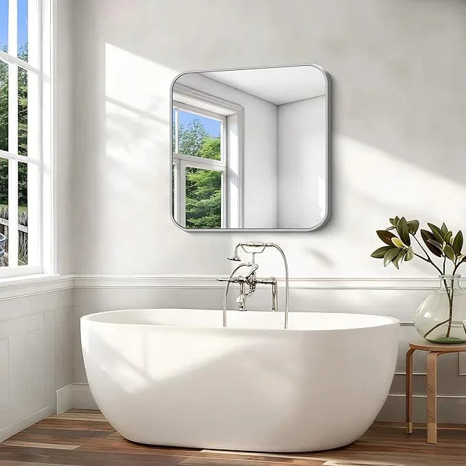 CIVENO Silver Bathroom Mirror, 36 x 36 Inch Square Mirrors for Wall, Aluminum Metal Framed Vanity Mirror, Rounded Corner Wall Mounted Mirror for Over Sinks Living Room Bedroom Entryway - ModernBath