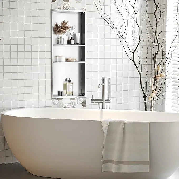 Qeke Stainless Steel Shower Niche 12" X 30", No Tile Needed Wall Niche Three-Tier Shower Niche, Recessed Shower Shelf for Bathroom Storage, Brushed Nickel - ModernBath