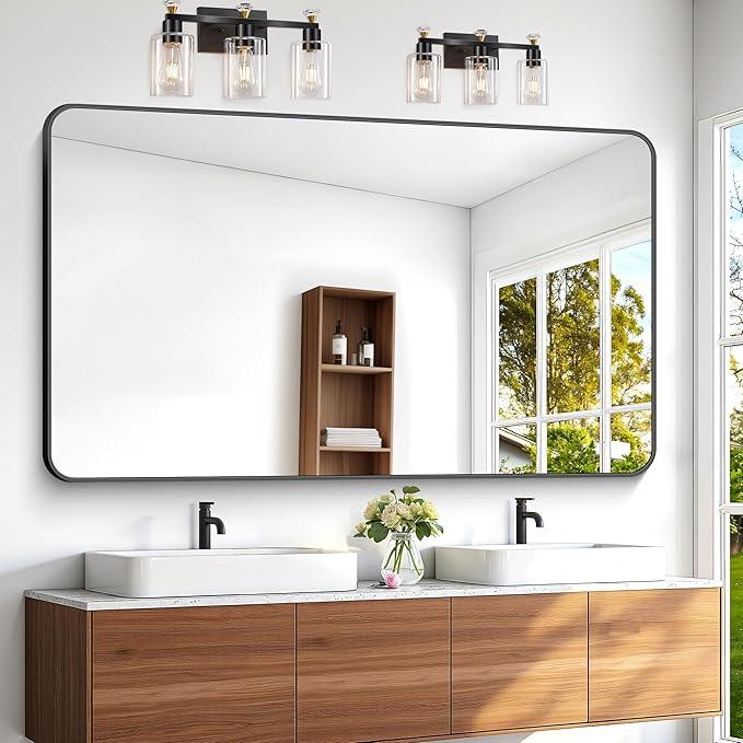 BONEWEI 60x36 inch Large Bathroom Mirror,Black Rectangle Mirror,Wall Mounted Bathroom Frame Vanity Mirror with Round Corner for Bedroom Living Room, Entryway Hangs Horizontal or Vertical - ModernBath