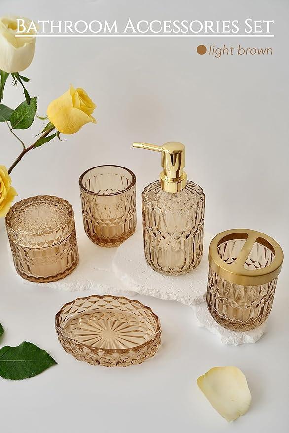 LaMarriti Brown Bathroom Accessories Set, 5Pcs Clear Glass Bathroom Accessories, Lotion Soap Dispenser, Toothbrush Holder Set, Soap Dish, Qtip Holder, Tumbler for Vintage Bathroom Decor, Gift Set - ModernBath