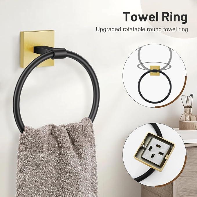 5-Piece Black Gold Bathroom Hardware Set, SUS304 Stainless Steel Bathroom Accessories Set 23.6 inches Towel Bar, Toilet Paper Holder with Shelf, Towel Ring and Two Towel Hooks Wall-Mounted - ModernBath