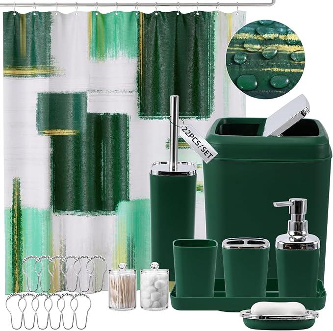 XLHOMO Dark Green Bathroom Accessories Set, Bathroom Sets with Shower Curtain, Green Bathroom Accessories with Trash Can, Soap Dispenser, Soap Dish, Toilet Brush Holder, Qtip Holders for Bathroom - ModernBath