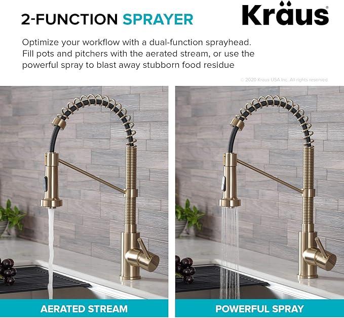 KRAUS Bolden Commercial Style 2-Function Single Handle Pull Down Kitchen Faucet in Spot-Free Antique Champagne Bronze/Matte Black, KPF-1610SFACBMB - ModernBath