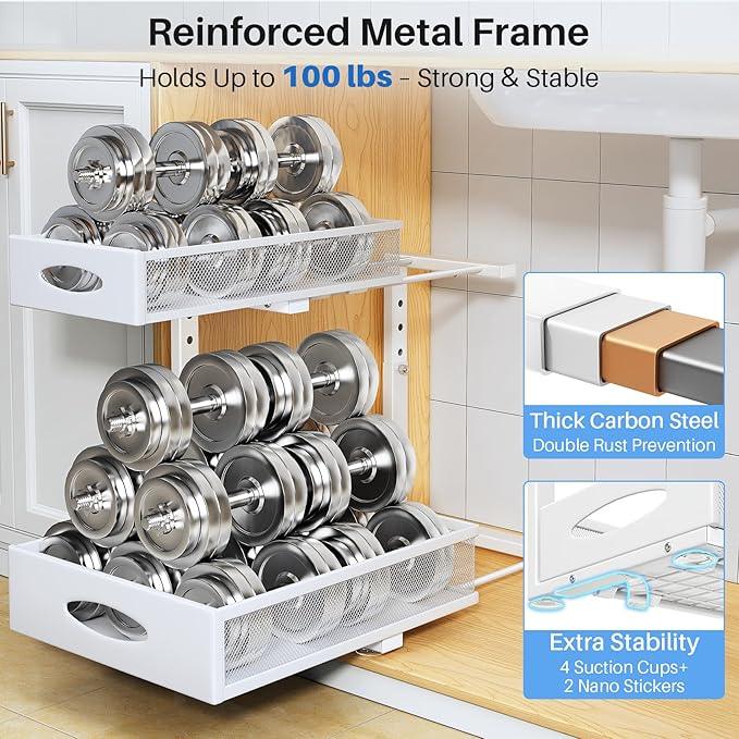 Under Sink Organizer, 2 Tier Pull Out Under Cabinet Organizer Shelf with Pad for Framed Cabinets, Metal Slide Out Under Sink Storage, Mesh Sliding Drawers for Kitchen Bathroom Laundry(White, 1 Pack) - ModernBath