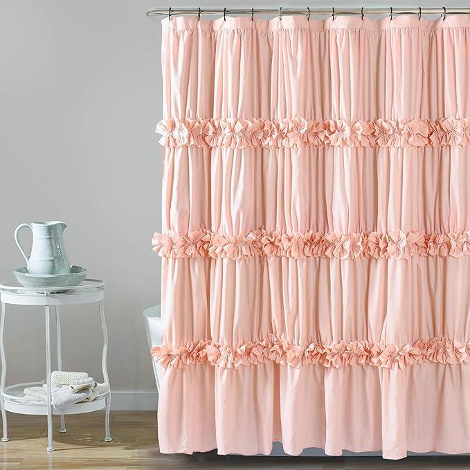 Homechoice Decor Peach Ruffle Shower Curtain, Vintage Handcrafted Bow Tie Bath Curtain for Master Bathroom, Ruched Microfiber Bathroom Curtain with 12 Buttonholes, 72" W x 84" H (LQ-10) - ModernBath