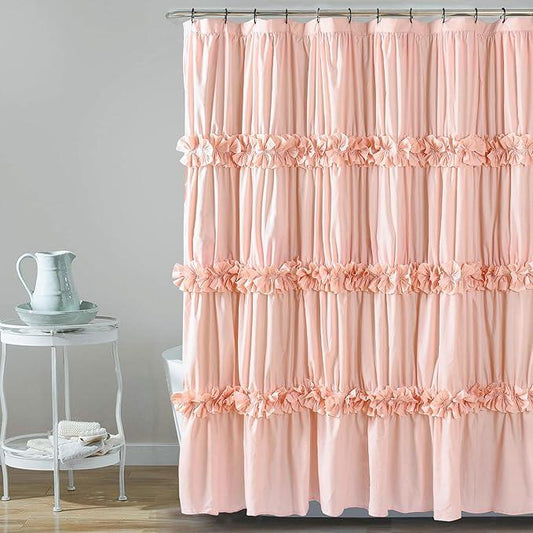 Homechoice Decor Peach Ruffle Shower Curtain, Vintage Handcrafted Bow Tie Bath Curtain for Master Bathroom, Ruched Microfiber Bathroom Curtain with 12 Buttonholes, 72" W x 84" H (LQ-10) - ModernBath