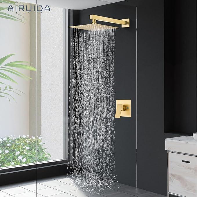 Airuida Shower Faucet Set Bathroom Rain Shower System SUS304 Stainless Steel Single Handle With Male Threads Rough-in Valve Shower Trim Kit 12 Inch Wall Mount Shower Head Brushed Gold - ModernBath