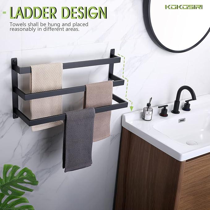 KOKOSIRI Towel Bars Black Bath Towel Holders Bathroom 3-Tiers Ladder Towel Rails Wall Mounted Towels Shelves Rack Stainless Steel, B5006BK-L24 - ModernBath