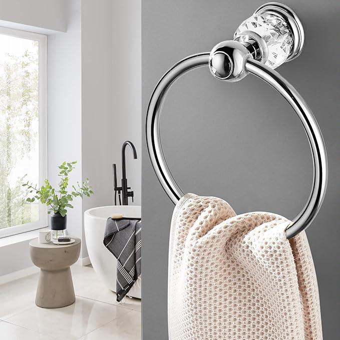 WINCASE Chrome Towel Ring, Bath Hand Towel Holder Crystal, Silver Towel Rack Wall Mounted - ModernBath