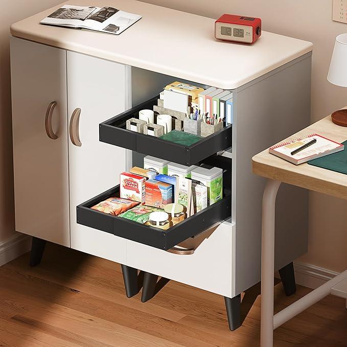 2 Pack Pull Out Cabinet Organizer, Drawers Slide Out Expandable Width (10"-15") and Depth (11"-17") With 3 Slides, Fixed with Adhesive Film and Nail for Cabinets in Kitchen, Pantry or Bathroom - Black - ModernBath
