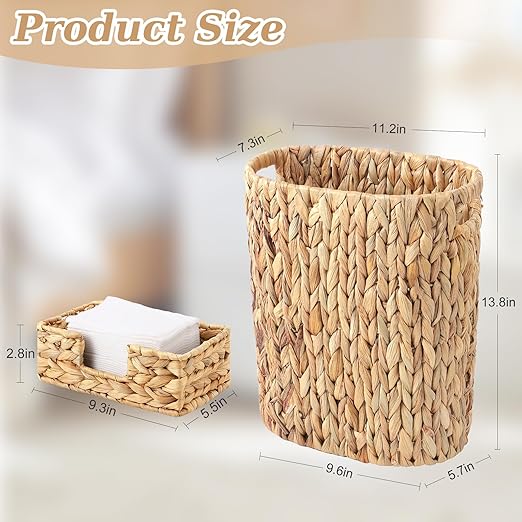 Water Hyacinth Trash Can 15L & Rattan Napkin Holder Rectangle,Wicker Napkin Tray for Table,Wicker Home Set for Bedroom, Bathroom, Kitchen, Office, Balcony