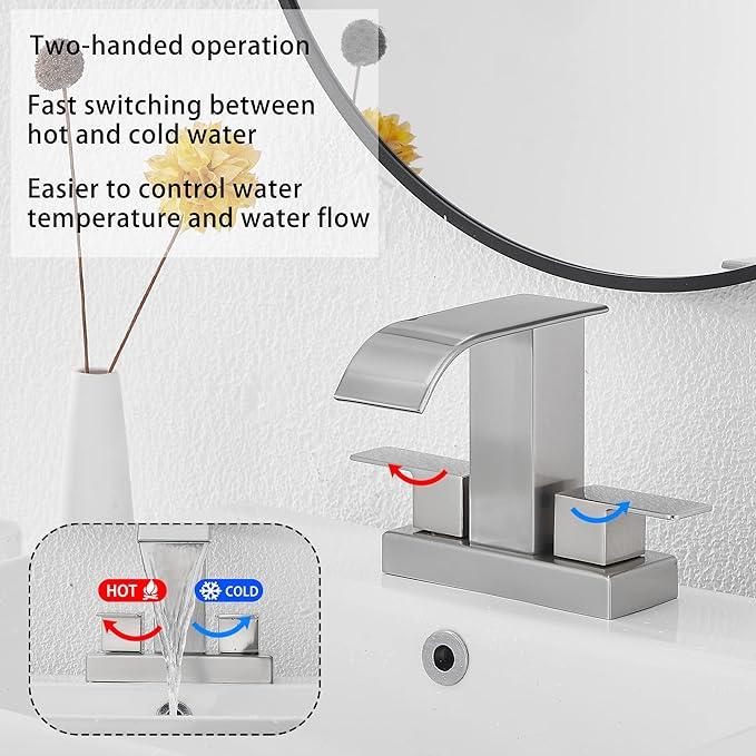 Bathroom Faucet Brushed Nickel Modern GGStudy 2 Handles 4 Inches Centerset RV Waterfall Bathroom Vanity Faucet with Drain Assembly - ModernBath