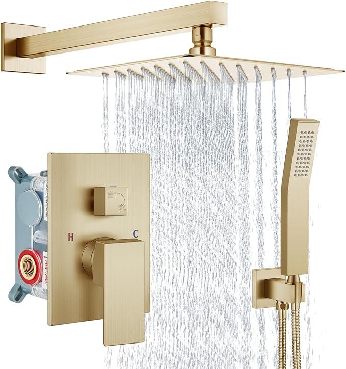 Aolemi Shower Faucet Set Rain Shower System with Handheld Spray Bathroom Shower Combo Rough-in Valve and Shower Trim Kit Included Brushed Gold 8 Inch Wall Mount Shower Head - ModernBath
