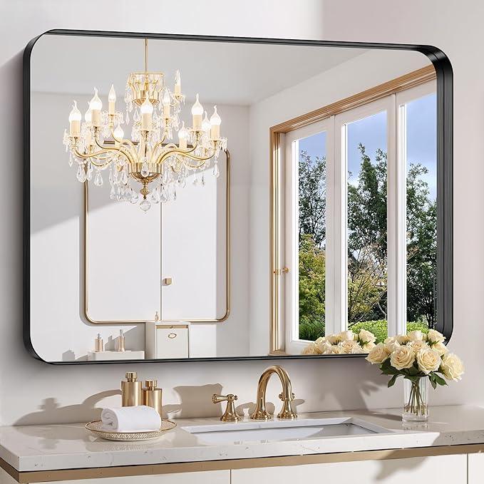 FORBATH 48x36 Inch Bathroom Mirror, Brushed Black Deep Frame Wall Mirror with Rounded Corners, Anti-Rust Tempered Glass for Modern Farmhouse Vanity (Horizontal/Vertical) - ModernBath