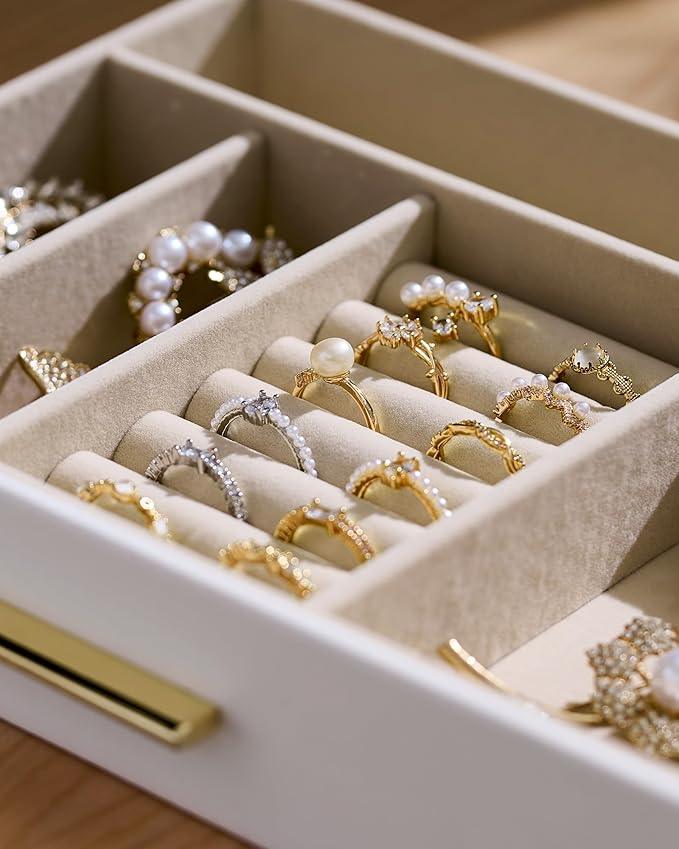 pickpiff Jewelry Box Organizer Case for Women: 4-Layer Jewelry Storage Case with Glass Window, Pure White Leather with Velvet Holder for Ring Necklace Bracelet Brooch Watch, Great Gift for Her - ModernBath