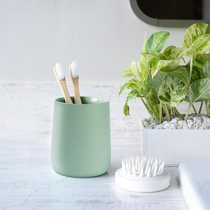Yew Design Matte Sage Green Toothbrush and Toothpaste Holder and Cup for Bathroom Vanity and Countertop, Round Organizer for Electric Toothbrushes, Floss, Razors, Cotton, and Mouthwash - ModernBath