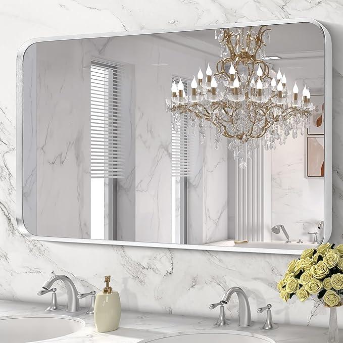 Minuover Brushed Nickel Bathroom Wall Mirror, Silver Metal Framed Large Rounded Corner Rectangle Mirror, Tempered Glass, Shatter Proof, Hangs Horizontally or Vertically (30" x 48", Silver) - ModernBath