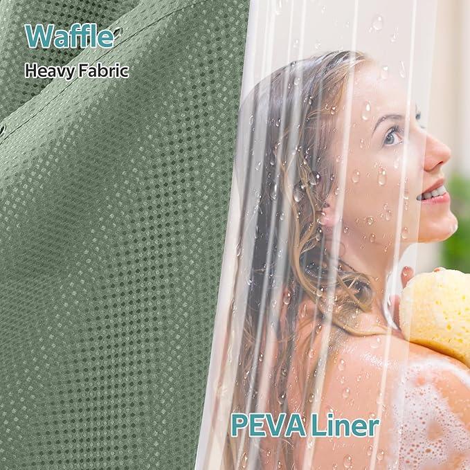 Vipfree 3 in 1 Shower Curtain Set, Waffle Shower Curtain and Liner Set with 6 Double Sided Shower Curtain Hooks, 258GSM Luxury Weighted Cloth Shower Curtains for Bathroom, 36 W x 72 H, Sage Green - ModernBath