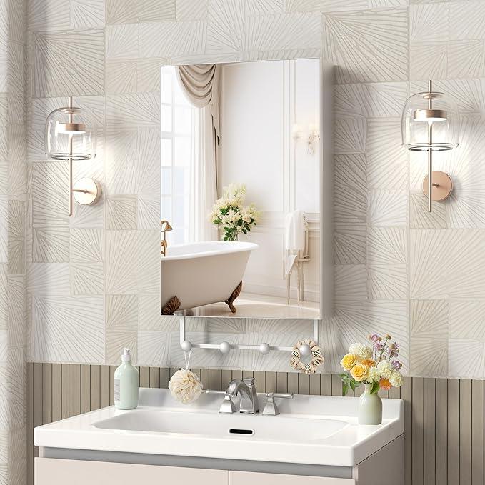 ANYHI 24"x16" Silver Bathroom Cabinet with Mirror, Single Door Bathroom Wall Mirror Cabinet, 2 Adjustable Storage Organizer Shelves, 5 Removable Hooks - ModernBath
