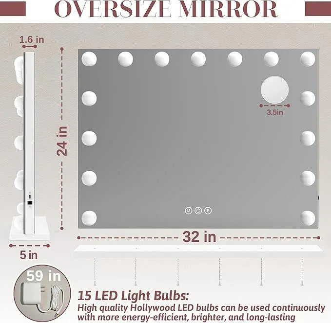 ROLOVE 32"x24" Hollywood Vanity Mirror with Lights, 18 Dimmable LED Bulbs, 3 Color Modes, 10X Magnification, USB Charging Port, Tabletop or Wall-Mounted - ModernBath