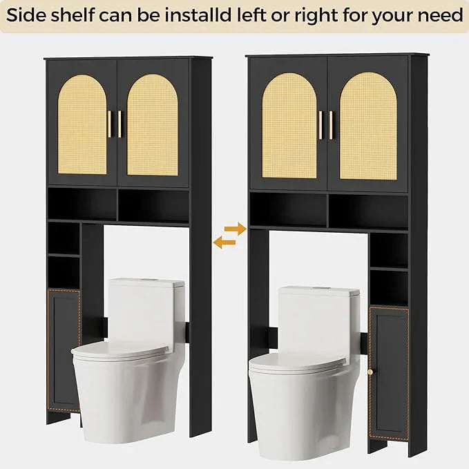 Homhedy 67" H Over The Toilet Storage Cabinet, Boho Bathroom Organizer with Rattan Decorated Doors, Adjustable Shelves, Toilet Paper Holder, Space-Saving Bathroom Shelf, Natural and Black - ModernBath