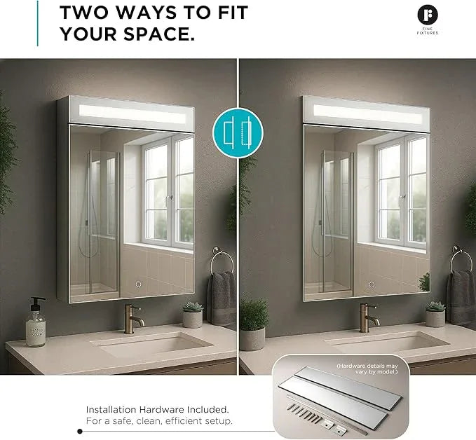 Fine Fixtures Bathroom Medicine Cabinet, Aluminum, Recessed/Surface Mount, Mirrored Interior w/LED (15 x 30 Left) - ModernBath