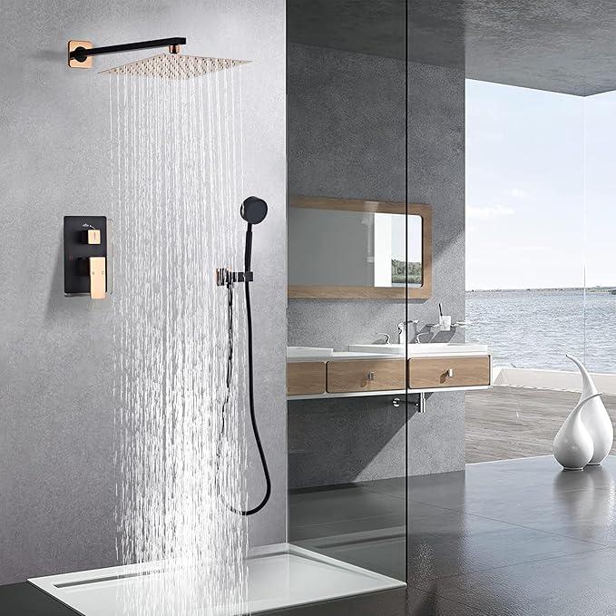 RTTWYYUU Black Gold Rainfall Shower Head, Wall Mounted 8 Inch Shower Heads with Handheld Spray Combo, Luxury Bathroom Square Rain Shower System, Solid Brass Pressure Balancd Shower Faucet Valve - ModernBath
