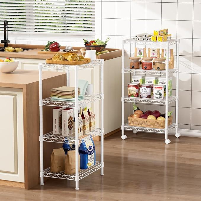 Small 4 Tier Shelves Storage Wire Shelving Unit Metal Shelf Adjustable Organizers Storage Shelving with Wheels for Bathroom Laundry Room Kitchen Pantry12”D x 18”W x 44.8”H White - ModernBath