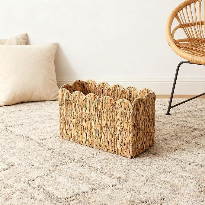 Water Hyacinth Magazine Holder with Scalloped Edge – Toilet Paper Storage Basket Natural Woven Decorative Basket for Magazines, Newspapers, Mail, Living Room, Bathroom & Office - ModernBath