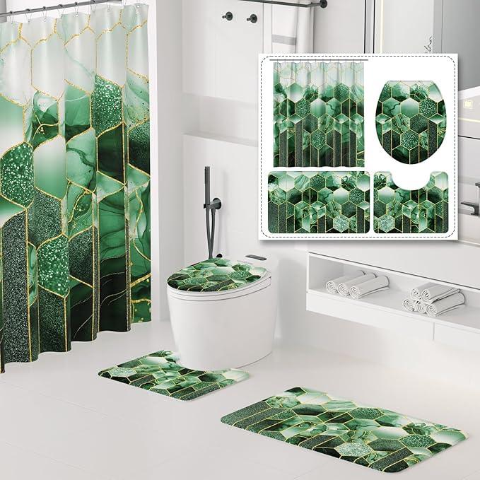 XLHOMO Bathroom Sets with Shower Curtain and Rugs - 4PC Green Geometric Shower Curtain Set with 12 Hooks, Toilet Cover, U-Shaped Mat and Rugs Modern Abstract Bathroom Accessories for Bathroom - ModernBath
