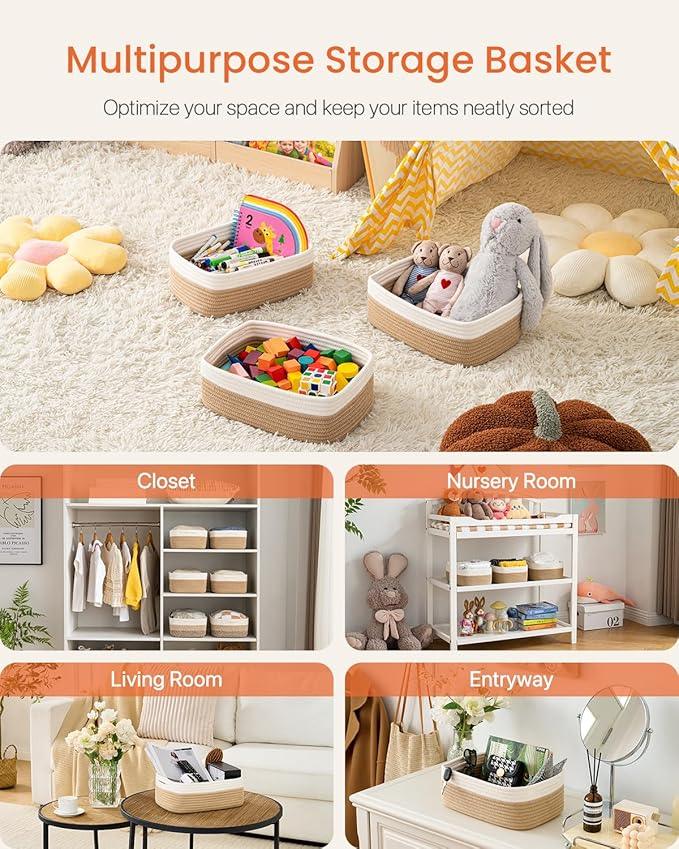 Small Woven Basket, 12 x 8 x 4.5 Inches, Storage Basket for Organizing, Cute Small Rope Shelf Closet Cube Storage Bins Baskets for Shelves, Dog Toy Gift Baskets Empty, 3 Pack White & Brown - ModernBath