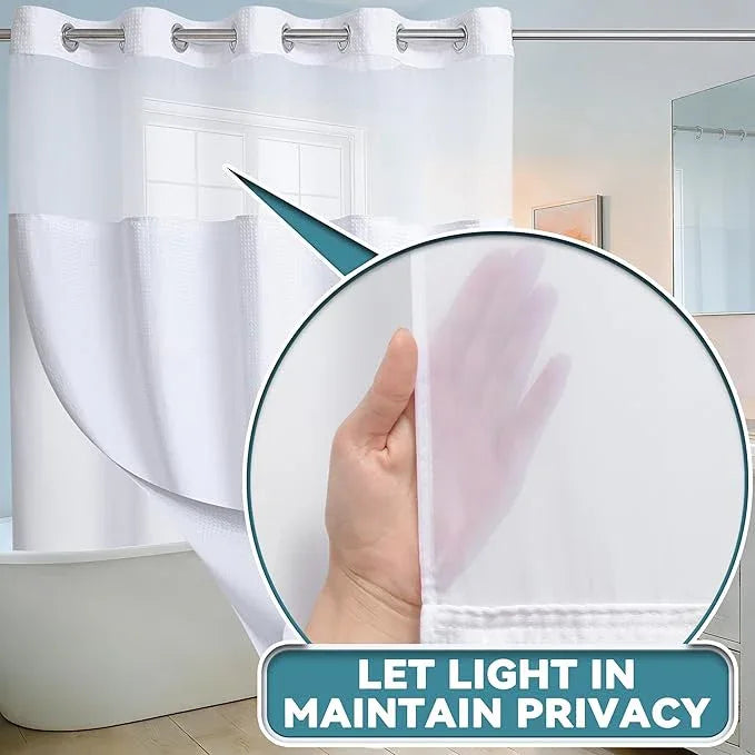 Conbo Mio No Hook Waffle Weave Shower Curtain with Snap in Liner Set, Hotel Luxury White Shower Curtains for Bathroom with See Through Top Window, Waterproof, Washable 71W x 74H - ModernBath