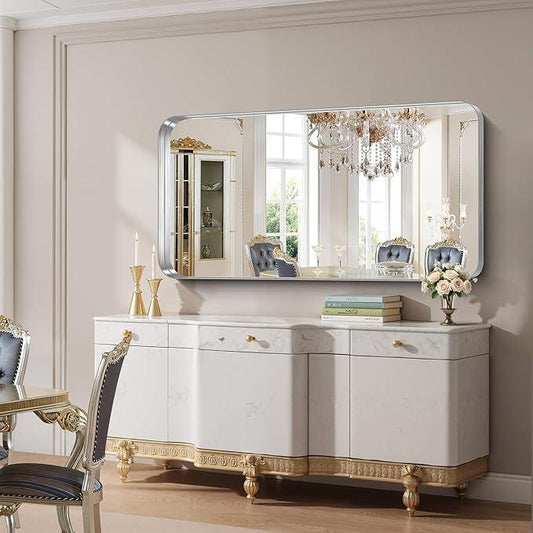 FORBATH 60x30 Inch Large Bathroom Mirror for Double Sinks, Brushed Silver Deep Frame Wall Mirror with Rounded Corners, Anti-Rust Tempered Glass for Modern Farmhouse Vanity (Horizontal/Vertical) - ModernBath