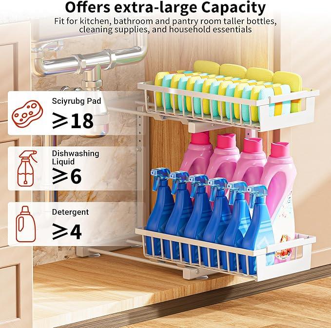 Under Sink Organizer 2 Pack, 2 Tier Adjustable Height Reinforced Carbon Steel Under Kitchen Bathroom Sink Storage Organizer, Smooth Pull-Out Under Sink Cabinet Rack Drawer Organizer, White - ModernBath