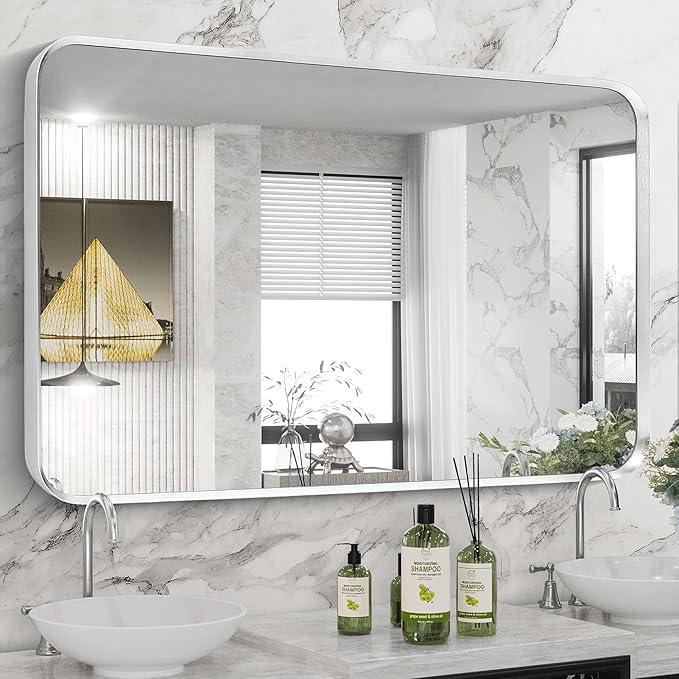 Minuover Brushed Nickel Bathroom Wall Mirror, Silver Metal Framed Large Rounded Corner Rectangle Mirror, Tempered Glass, Shatter Proof, Hangs Horizontally or Vertically (30" x 48", Silver) - ModernBath