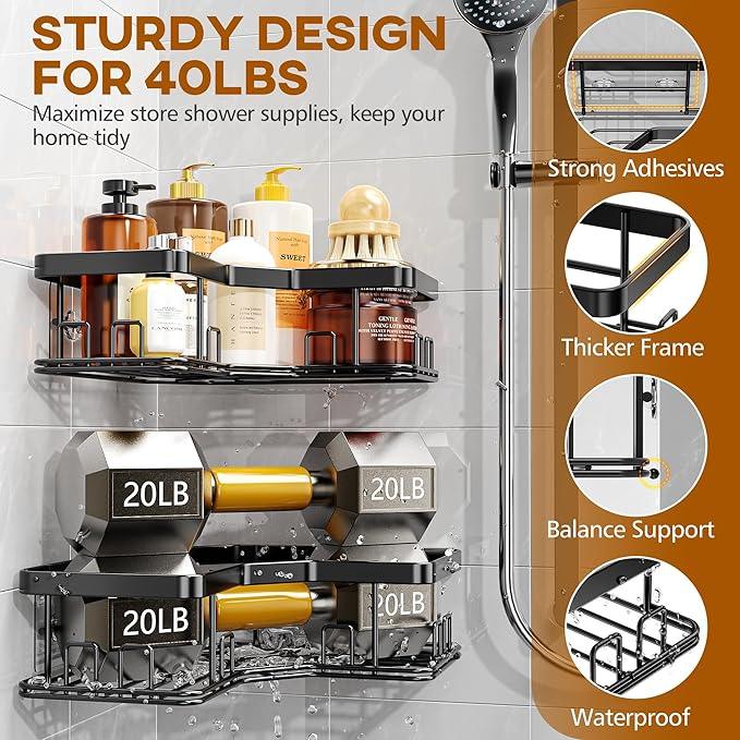 MAXIFFE 3 Pack X-Large Corner Shower Caddy with Soap Holder, Large Capacity Easy Install No Drilling Stainless Steel Sturdy Hold 40 LB Shower Organizer Shelves Rack for Family Renters Bathroom, Black - ModernBath