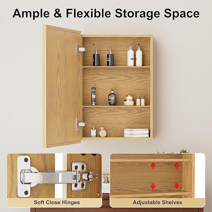 16x24 Inch Wood Medicine Cabinet with Mirror, Surface or Recessed Mounted Bathroom Cabinets with Adjustable Shelves, Soft-Close Hinges, Wall Mounted Cabinet for Storage, Oak-Grain - ModernBath