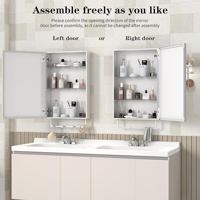 ANYHI 24"x16" Silver Bathroom Cabinet with Mirror, Single Door Bathroom Wall Mirror Cabinet, 2 Adjustable Storage Organizer Shelves, 5 Removable Hooks - ModernBath