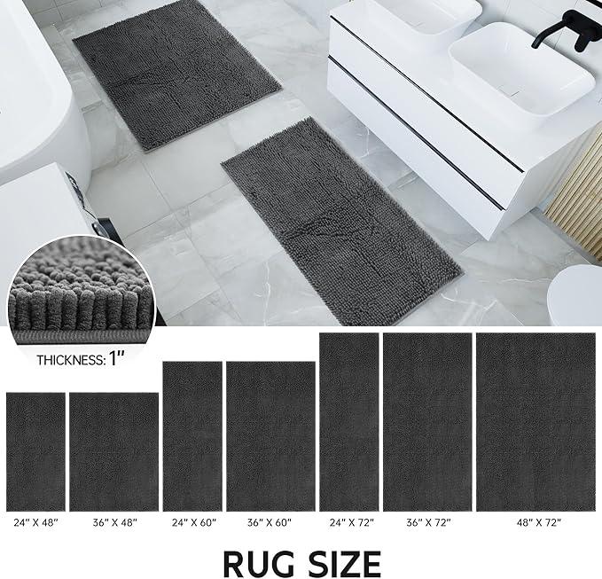 Cybstrax Bath Rug Mat,Extra-Soft Absorbent Chenille Bathroom Mats, 72" x 24" Non-Slip Rubber Backing, Large Washable Bath Mat for Bathroom Floor, Home Decor Accessories, Grey - ModernBath